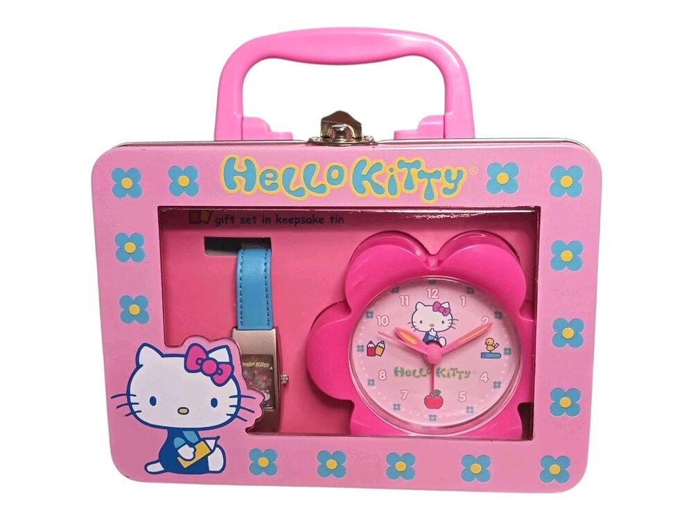 NEW 2003 Hello Kitty Wristwatch & Alarm Clock Gift Set + Keepsake Tin Sanrio Vtg